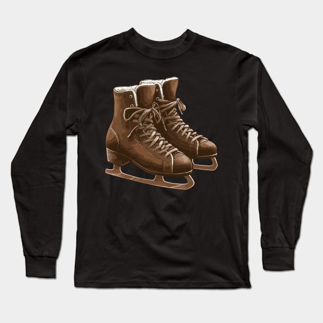 Chocolate Brown Ice Skating Boots Long Sleeve T-Shirt by Siha Arts